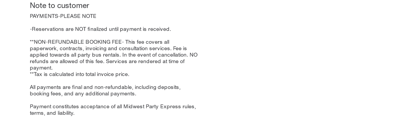 Invoice notes: reservations are not final until paid; booking fee is non-refundable; tax is included; all payments are final and non-refundable.