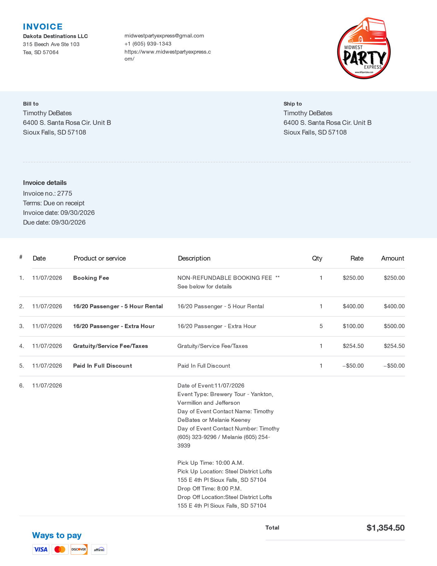 Midwest Party Express invoice #2775: booking fee $250, 5-hour rental $400, 5 extra hours $500, gratuity/service fee/taxes $254.50, paid-in-full discount -$50, total $1,354.50
