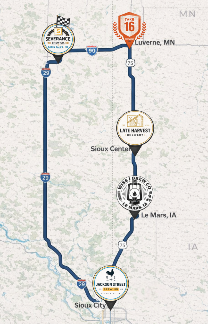 Route 75 brewery crawl map showing the brewery path from Sioux Falls to Sioux City